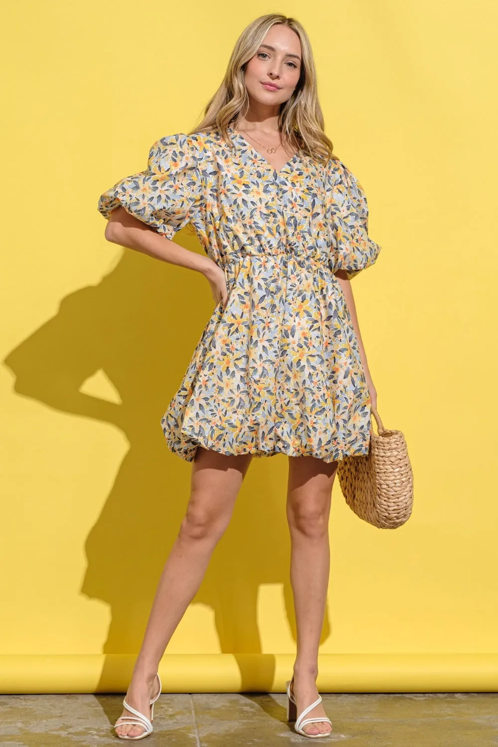Yellow and Blue Floral Surplice Puff Sleeve Dress