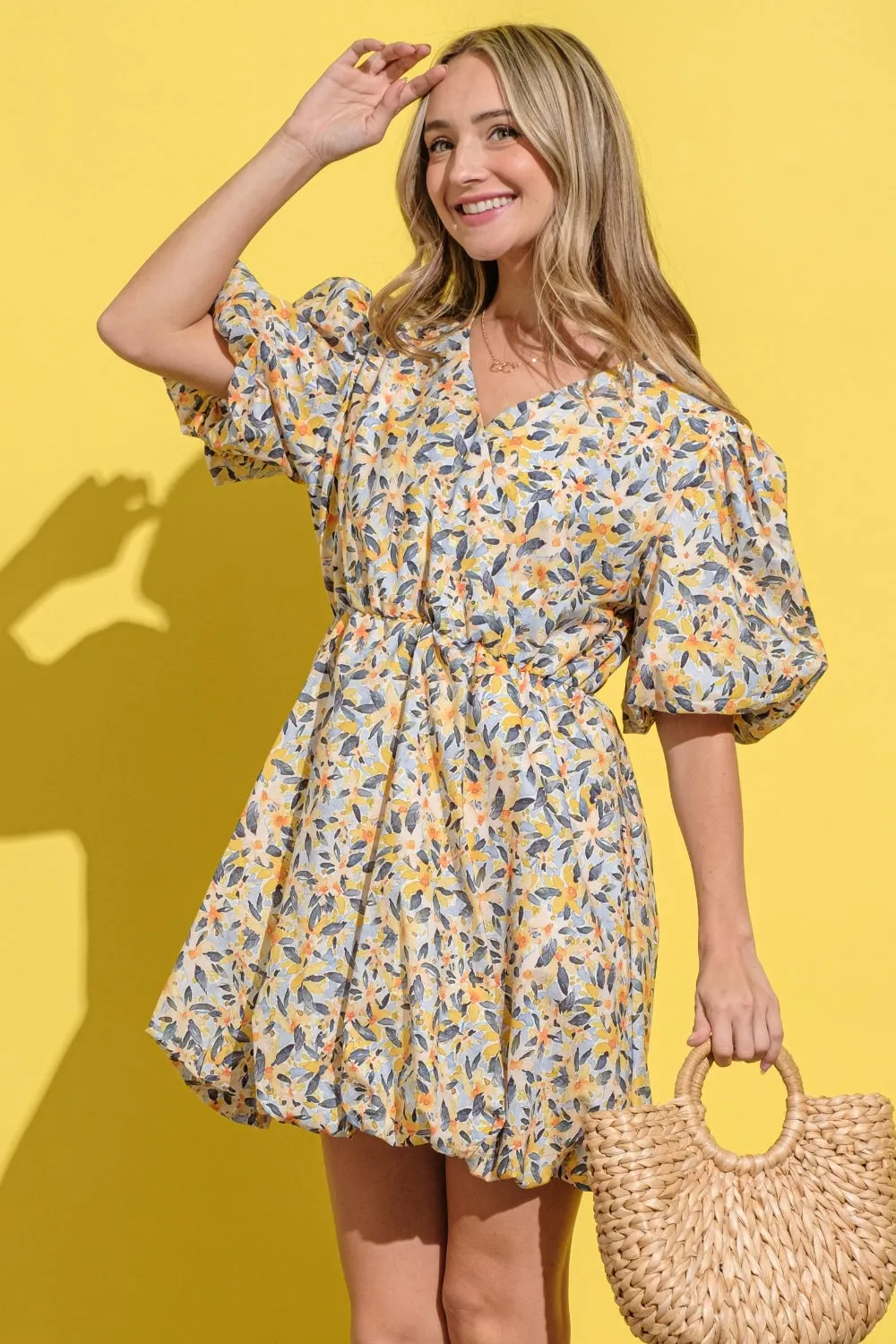 Yellow and Blue Floral Surplice Puff Sleeve Dress