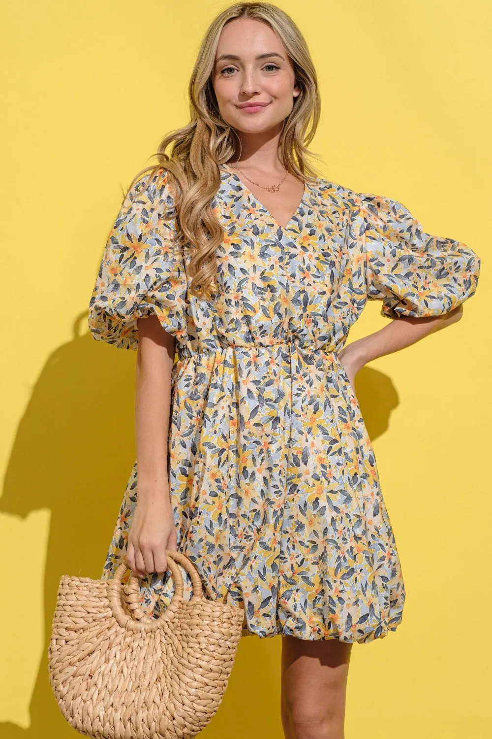 Yellow and Blue Floral Surplice Puff Sleeve Dress