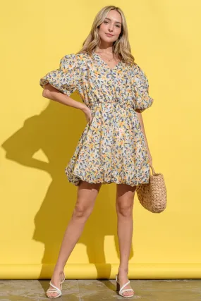 Yellow and Blue Floral Surplice Puff Sleeve Dress