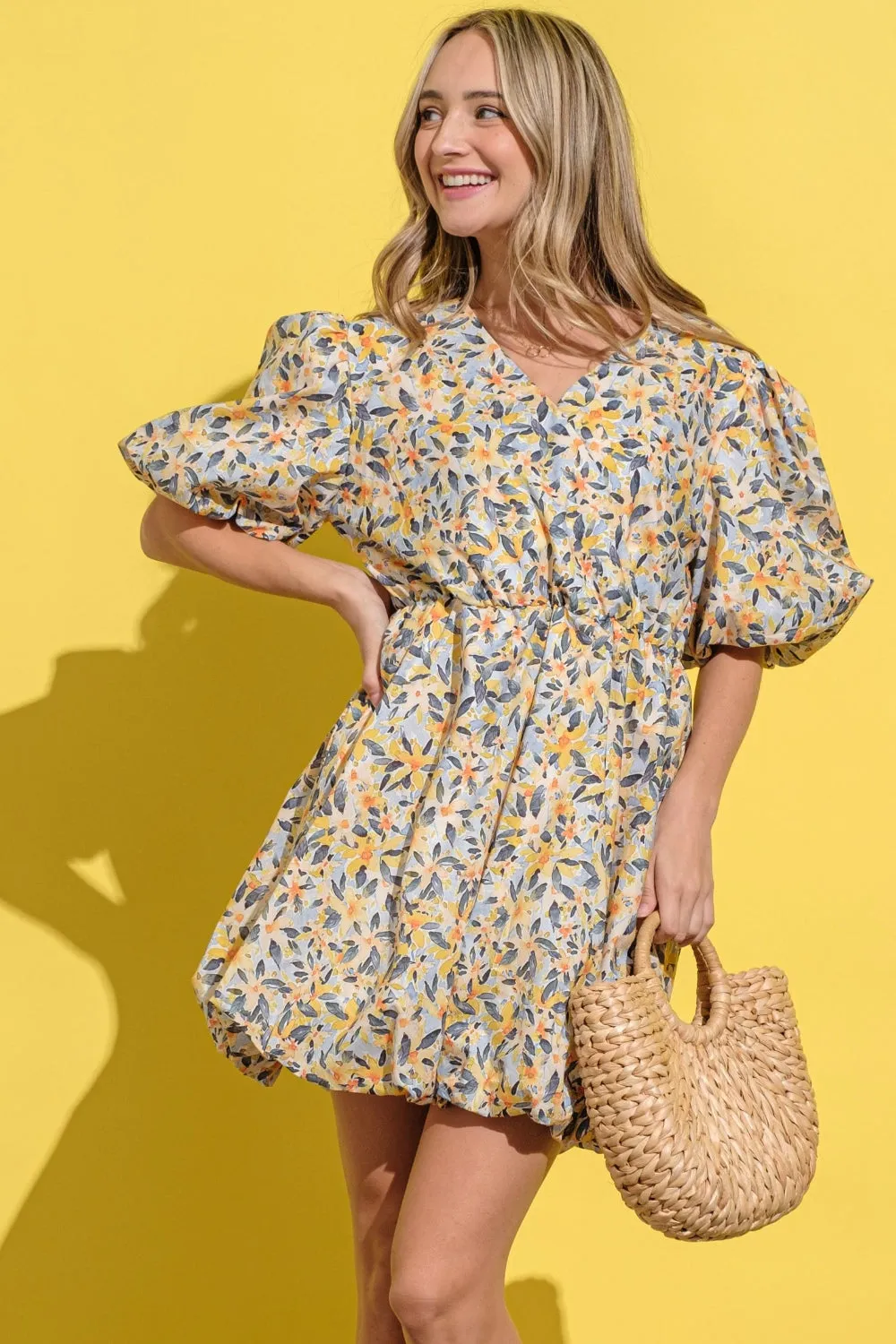Yellow and Blue Floral Surplice Puff Sleeve Dress